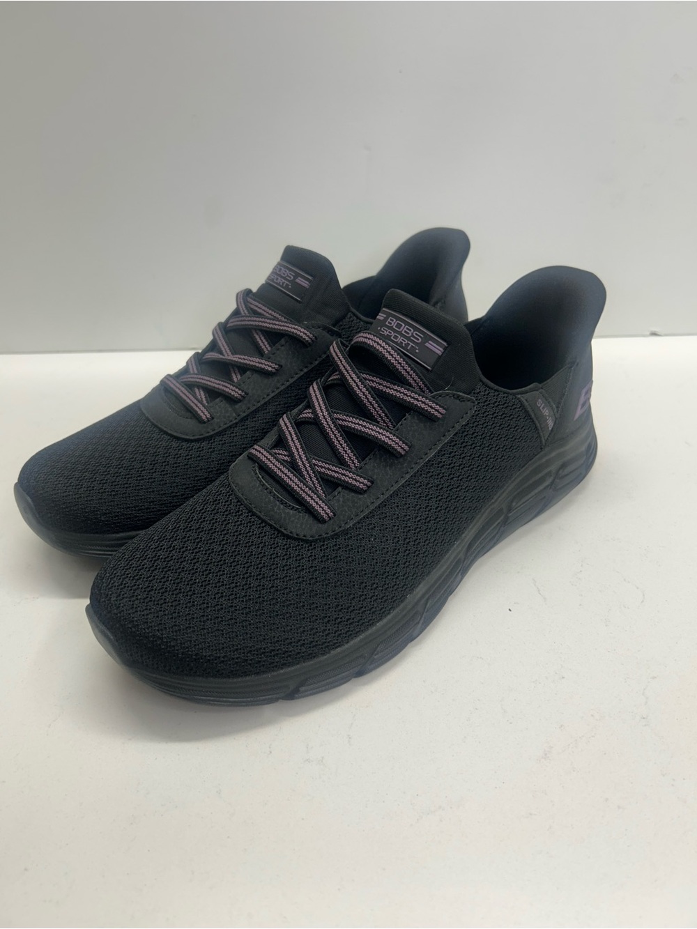 Bobs Black Knit Slip-On Sneakers with Purple-Trim Laces Size 9